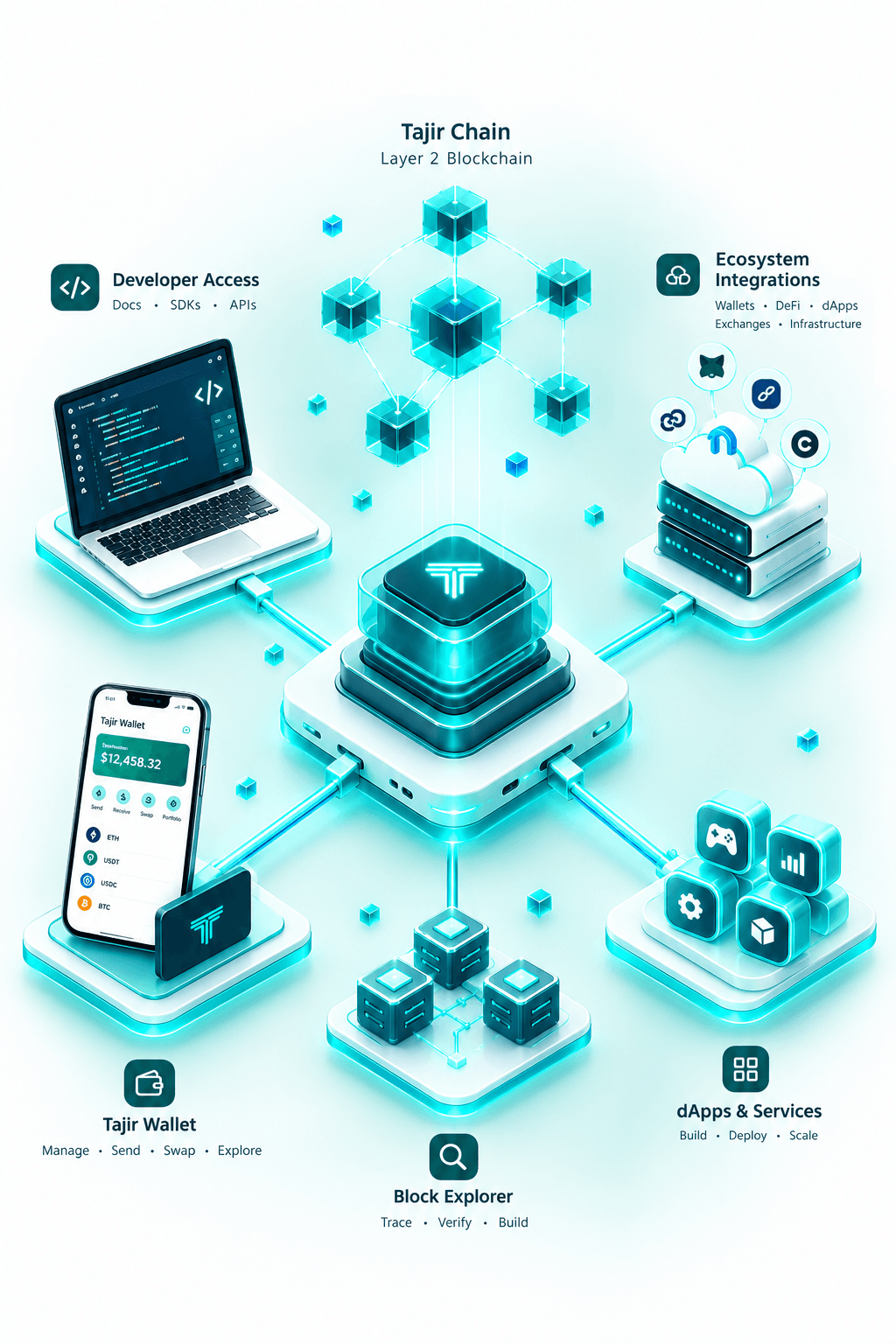 Tajir Chain network architecture connecting developer access and ecosystem integrations