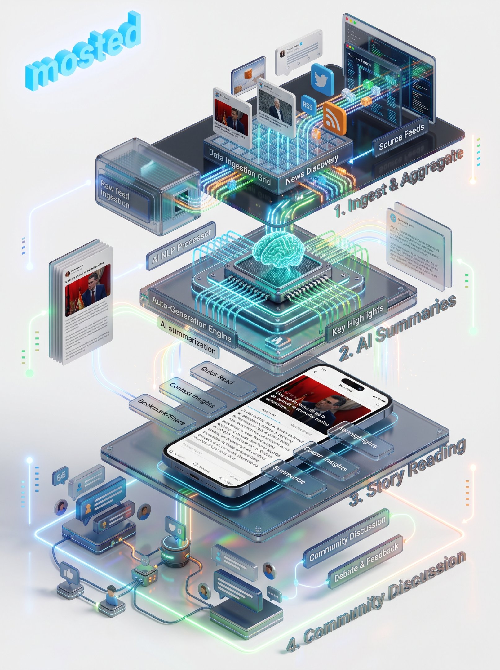 The Mosted product requirements blueprint for news discovery, AI summaries, and community interaction