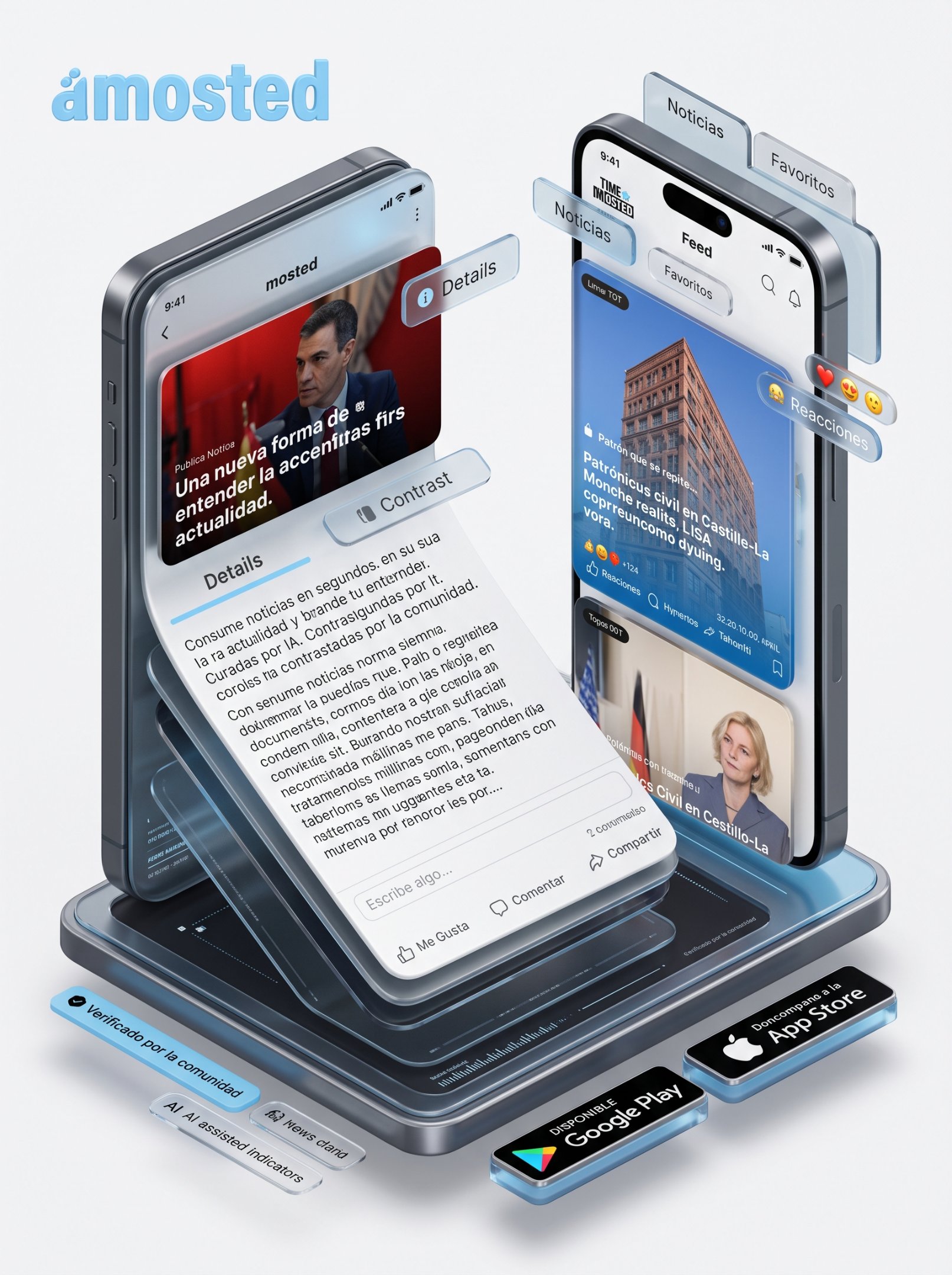 The Mosted mobile news platform featuring story discovery and AI-generated summaries