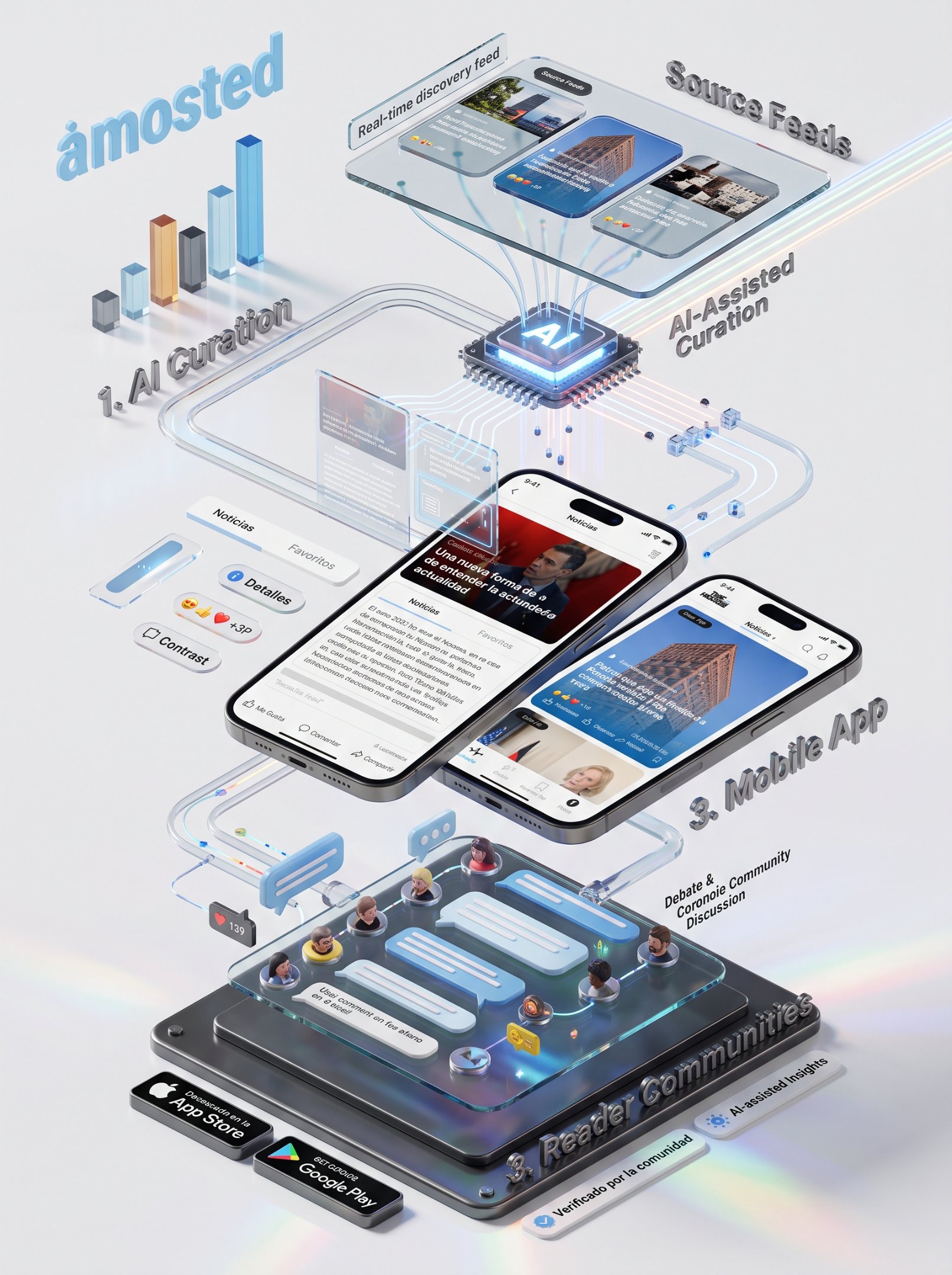The Mosted application architecture connecting news content, AI-generated summaries, and mobile reading workflows