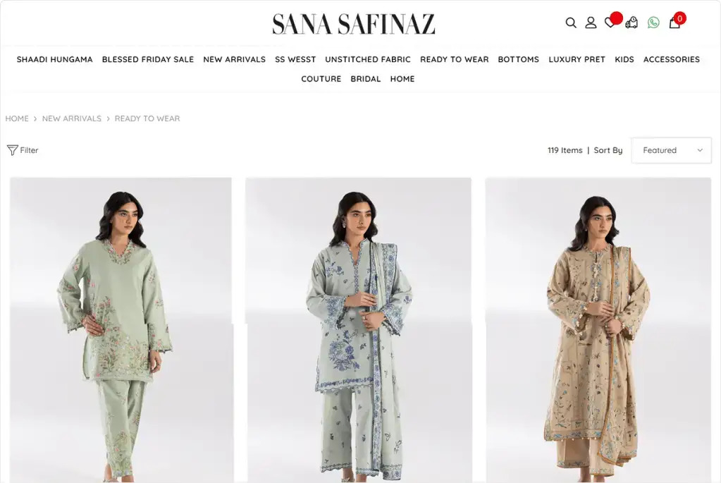 Sana Safinaz e-commerce website homepage on desktop